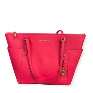 Michael Kors Jet Set Large Saffiano Leather Top-Zip Tote Bag Electric Pink